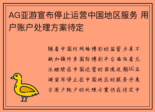 AG亚游宣布停止运营中国地区服务 用户账户处理方案待定
